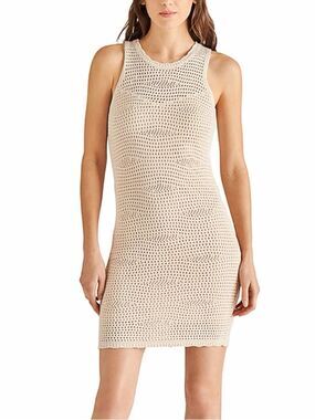 Steve Madden Crochet Open Knit Swim Cover-Up Sweater Dress Tan Beige M NWT